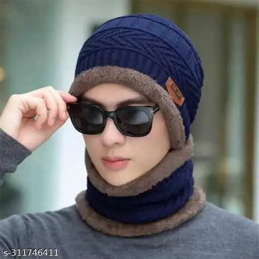 Arcylic knit beanie cap hat neck warmer scarf set for women & men, self-designed pattern suitable for outdoor activities like skiing, hiking, or daily commuting. Made in India