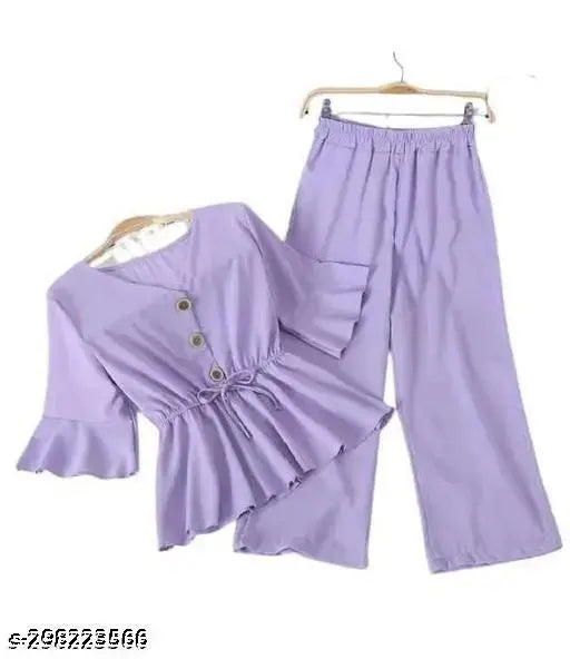 Trendy crepe top and bottom set, three-quarter sleeves, Indian-made fashion wear for women
