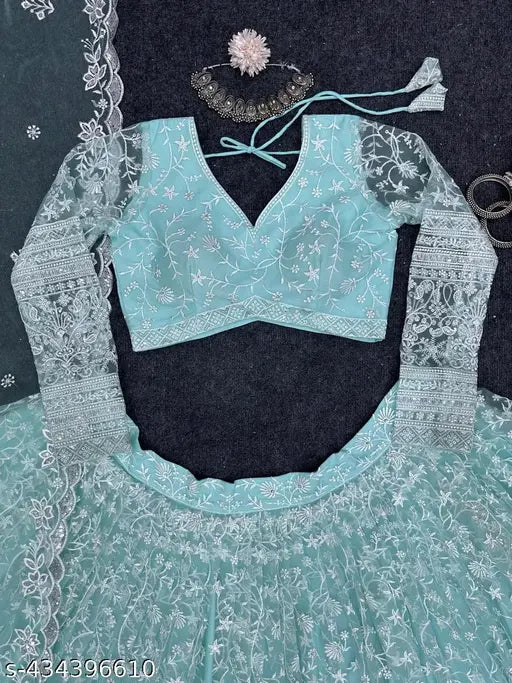 Fashionable traditional net lehenga choli with embroidered dupatta for festive occasions and weddings, semi-stitched (waist size 42in, length 42in, dupatta length 70in), Indian origin