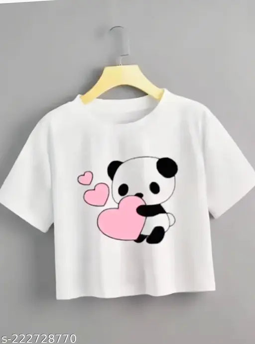 Cotton blend panda with pink heart print crop top in short sleeves, white croptop featuring adorable panda design on front, made in India