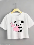 Cotton blend panda with pink heart print crop top in short sleeves, white croptop featuring adorable panda design on front, made in India