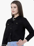 Black denim long-sleeve solid color jacket for women, India origin