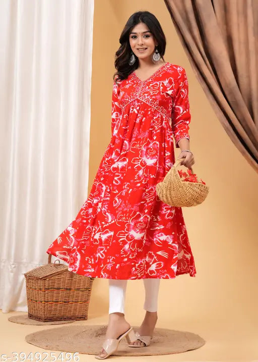 Rayon light daisy Aliya cut kurti for women, three-quarter sleeves, printed design on Indian origin