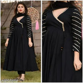 Black rayon Anarkali frock kurti set with dupatta and bottomwear, solid pattern, three-quarter sleeves