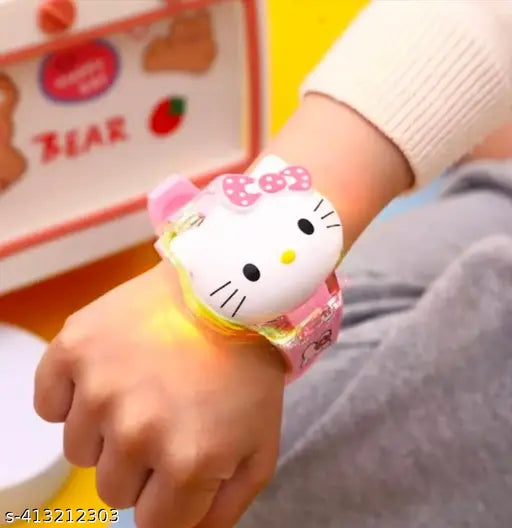 Pink silicon kiddie watch with kitty cartoon, multicolor dial, and disco lights. Ideal for unisex, trendy accessory from India." (109 characters)
