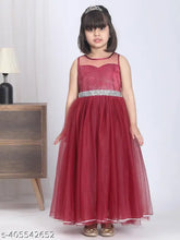 Maroon net embellished party gown for kids, toy balloon print on sleeveless dress, Indian origin