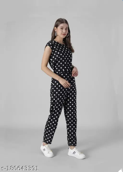 Black dotted jumpsuit, crepe material, short sleeves, printed net, women's fashion, India-made clothing
