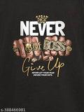 Black cotton blend round neck t-shirt with force printed typography for men, three-quarter sleeves