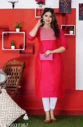 Green embroidered art silk A-line kurti with three-quarter sleeves, India