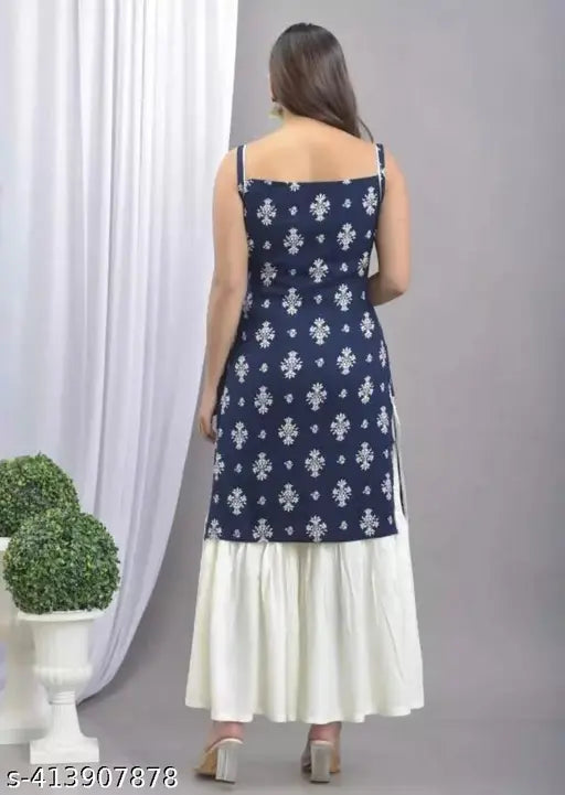 Rayon sleeveless kurta set with sharara bottom, printed net design from India