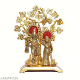 Metal Radha Krishna figurine, gold-plated statue playing flute under tree, home decorative showpiece - 21 cm (India)