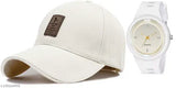 White cotton baseball cap with self-design pattern, adjustable silicon strap, round white dial, and analog watch. For men and boys. Indian designer brand." (124 characters)