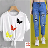 Cotton blend denim jogger & printed t-shirt combo pack (Pack2), trendy and unique feminine fashion in India
