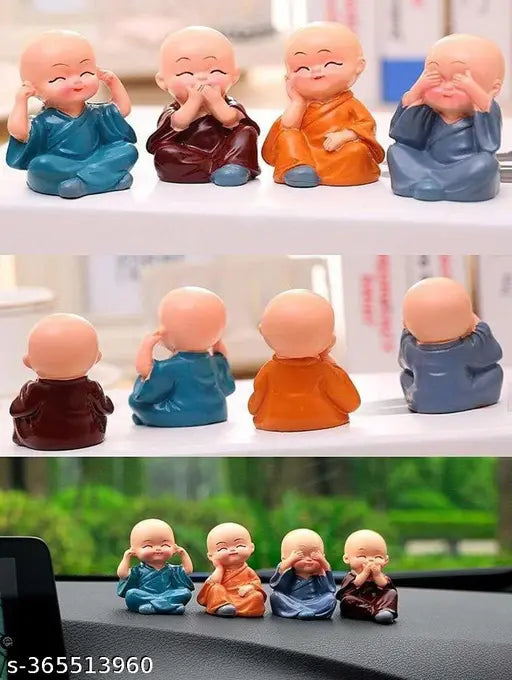 Handcrafted multicolor baby monk Buddha statue set (4pc), 12cm polyresin decorative showpiece for tabletop display, Indian origin