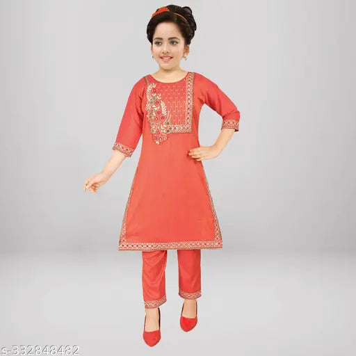 Rayon embroidered kurta and trousers set for girls aged 4-16, featuring A-line top with three-quarter sleeves. Indian-origin traditional clothing on display