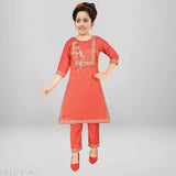 Rayon embroidered kurta and trousers set for girls aged 4-16, featuring A-line top with three-quarter sleeves. Indian-origin traditional clothing on display