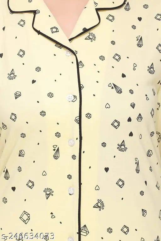 Women's cotton all-over printed front open nightsuit set, three-quarter sleeves, various sizes available