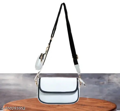 White canvas and leather sling bag, free size, 10in x 6in x 3in, made in India