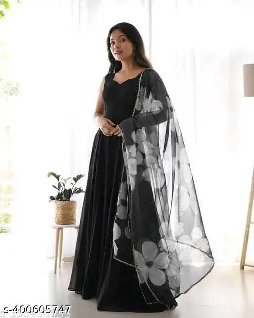 Women's solid Georgette Anarkali kurta & dupatta set, floral printed, sleeveless, Indian ethnic wear