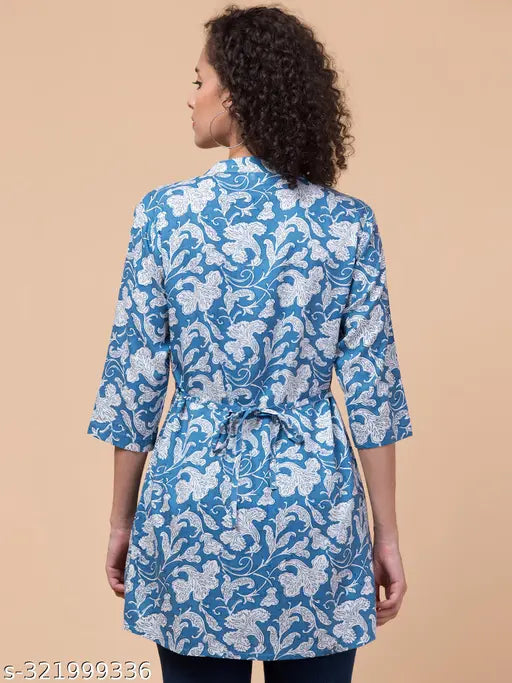 Blue Flower Rayon Tunic: 3/4 Sleeves, Mandarin Collar, Front Pleats, Fits 34" (Indian-made print rayon tunic)