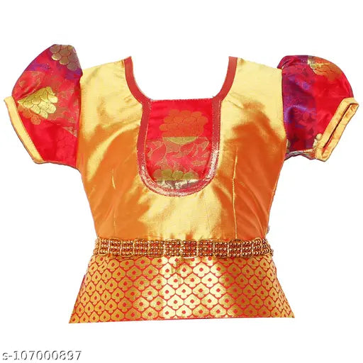 Indian cotton silk kids' lehenga choli with waist belt, floral design, short sleeves, suitable for festivals & parties