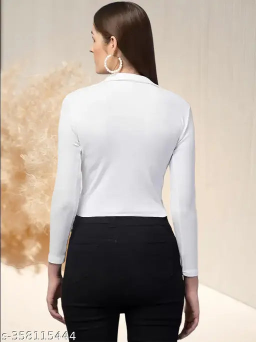 White polyester blend casual V-neck T-shirt with long sleeves, 20 inches length