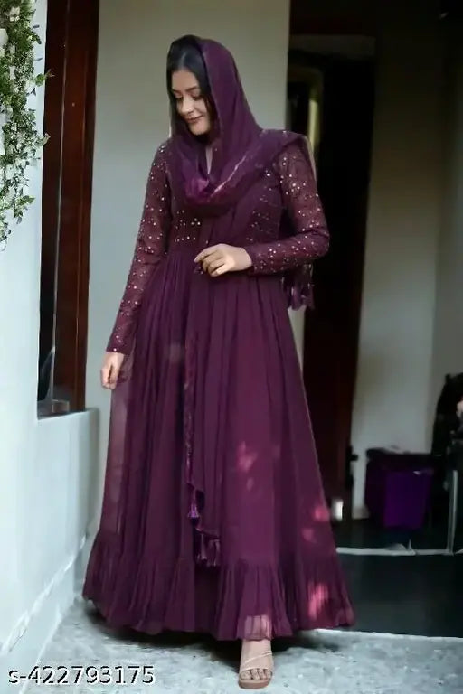 Embroidered Georgette gown with dupatta, long-sleeved Indian wedding dress in multiple sizes (S-XXL)