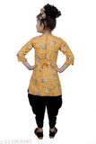 Mustard yellow designer checked Patiala suit for girls, RK Collection kids party wear. Cotton silk anarkali style with short sleeves and knee length top, size 3-4 years