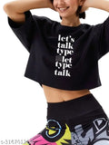 Black cotton blend round neck half sleeve crop top T-shirt for women's fashion, featuring stylish printed design, non-shrinkable and machine washable
