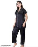 Satin nightsuit set: 4-piece satin nightwear (shirt, pajamas, short, eyemask), comfortable and quality sleepwear for women, soft elastic closure, ideal for pajama parties, hand-seamed in India