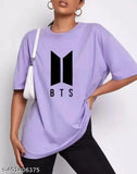 Purple BTS printed oversize cotton-blend t-shirt for girls and women with short sleeves, featuring popular band design