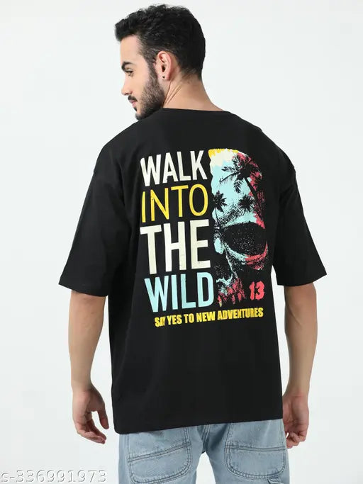 Oversized printed cotton t-shirt for men, three-quarter sleeves, India origin