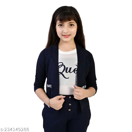 Navy blue girls dress set: 4-16 years, cotton blend, three-quarter sleeves, printed t-shirt & pants, trendy partywear & casual wear, India origin