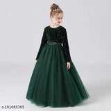 Green net fabric kids frock dress for girls, embellished sequin work on velvet top and soft touch nylon net bottom, full sleeve gown type, partywear, various sizes from 4-16 years