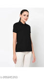 Black cotton blend women's polo neck t-shirt, short sleeves, solid design, size S (17in bust, 25in length)