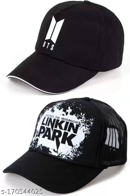 Stylish black BTS caps combo with Linkin Park cap, printed cotton caps for boys and girls, accessory duo on display