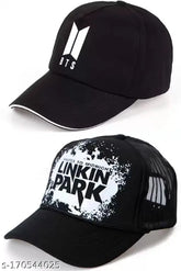 Stylish black BTS caps combo with Linkin Park cap, printed cotton caps for boys and girls, accessory duo on display