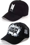 Stylish black BTS caps combo with Linkin Park cap, printed cotton caps for boys and girls, accessory duo on display
