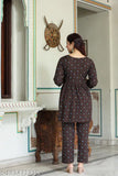 Soft cotton night suit with three-quarter sleeves, printed pattern, available in S, M, L, XL, XXL, XXXL. Indian-made comfortable sleepwear on hanger