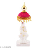 Marble Sai Baba Idol with Red-Yellow Umbrella Stand, Indian Hindu God statue (2.5"L x 7"H)