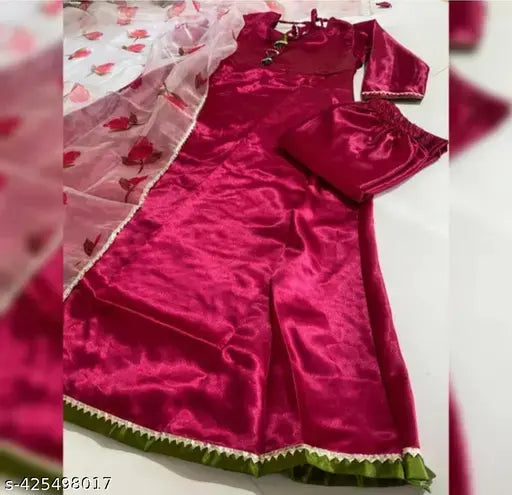 Magenta anarkali suit set with organza print dupatta, elegant Indian traditional wear made from organza fabric with three-quarter sleeves