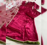 Magenta anarkali suit set with organza print dupatta, elegant Indian traditional wear made from organza fabric with three-quarter sleeves
