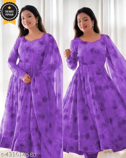 Purple floral print Georgette kurta dupatta set for women, three-quarter sleeves, new design in Indian fashion