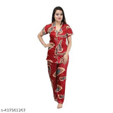 High-quality satin printed red night suit set for women & girls, featuring soft and comfortable sleepwear with stylish print design. Made from India