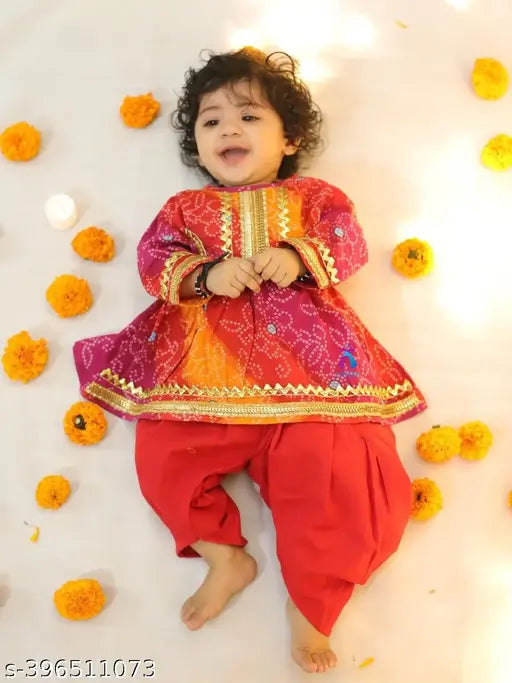 Cotton Anarkali Kurta and Dhoti Pants Set for Girls, festive party wedding outfit, printed with vibrant Indian motifs
