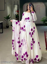 White and purple floral print Georgette Anarkali Kurta set, intricately detailed for women's ethnic wear