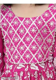 Rayon anarkali girls' kurta set with dupatta and sharara bottom, pink embroidered top, three-quarter sleeves, and printed design. Set includes sizes for ages 5-6 years, 7-8 years, 9-10 years, and 11-12 years, originating from India