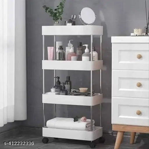 White plastic 4-tier kitchen storage rack for onions, potatoes, aloo, pyaaz, fruits, vegetables, and sabji (India)