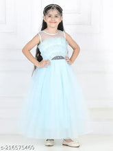 Sky blue hi-low net dress, embroidered toy balloon design for kids party wear