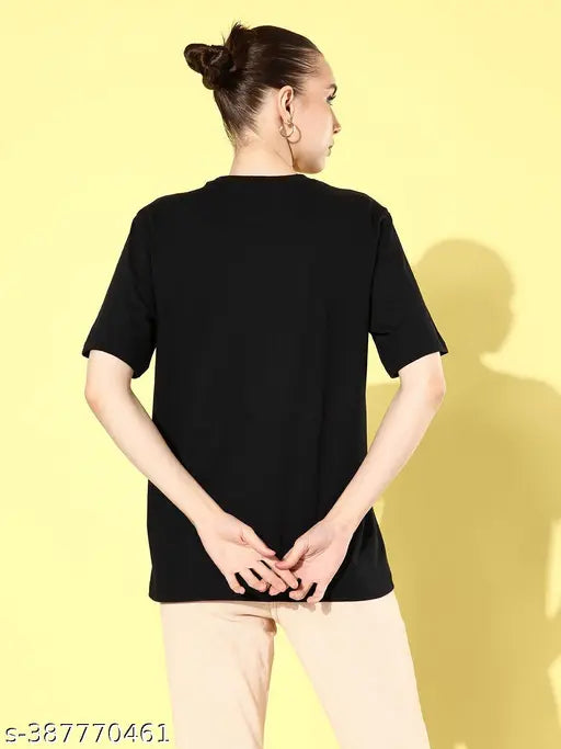 Women's black graphic oversized cotton t-shirt (XS: 38in bust, 27in length), stylish and versatile Indian apparel